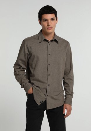Regular Fit Shirt Neck Düz Erkek Kahverengi Uzun Kol Gömlek
