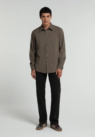 Regular Fit Shirt Neck Düz Erkek Kahverengi Uzun Kol Gömlek