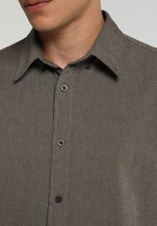 Regular Fit Shirt Neck Düz Erkek Kahverengi Uzun Kol Gömlek