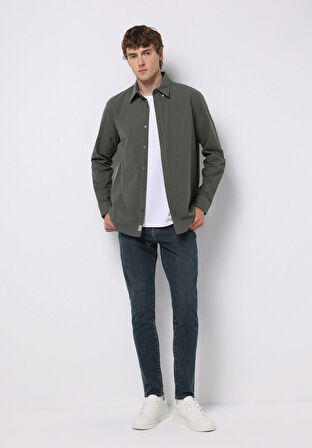 Regular Fit Shirt Neck Düz Erkek Yeşil Uzun Kol Gömlek
