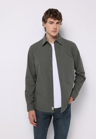 Regular Fit Shirt Neck Düz Erkek Yeşil Uzun Kol Gömlek