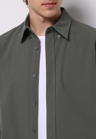 Regular Fit Shirt Neck Düz Erkek Yeşil Uzun Kol Gömlek