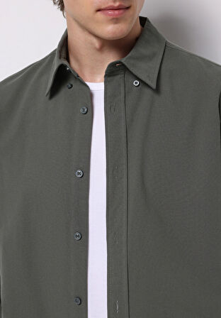 Regular Fit Shirt Neck Düz Erkek Yeşil Uzun Kol Gömlek