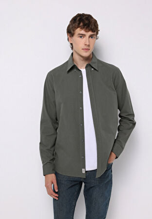 Regular Fit Shirt Neck Düz Erkek Yeşil Uzun Kol Gömlek