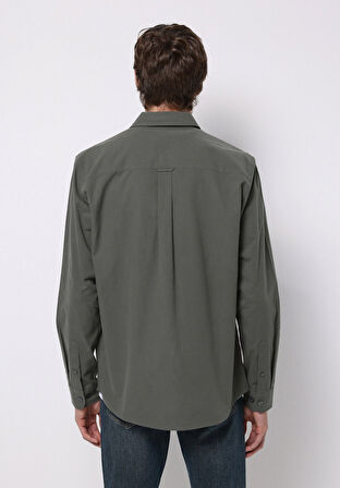 Regular Fit Shirt Neck Düz Erkek Yeşil Uzun Kol Gömlek