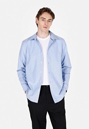 Regular Fit Shirt Neck Düz Erkek Mavi Uzun Kol Gömlek Cl1073845