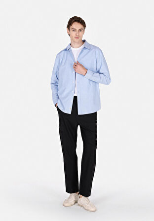 Regular Fit Shirt Neck Düz Erkek Mavi Uzun Kol Gömlek Cl1073845