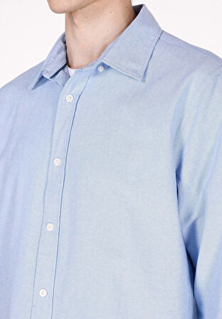 Regular Fit Shirt Neck Düz Erkek Mavi Uzun Kol Gömlek Cl1073845