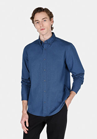 Regular Fit Shirt Neck Düz Erkek Lacivert Uzun Kol Gömlek Cl1073845