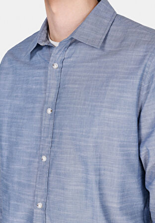 Regular Fit Shirt Neck Düz Erkek Mavi Uzun Kol Gömlek