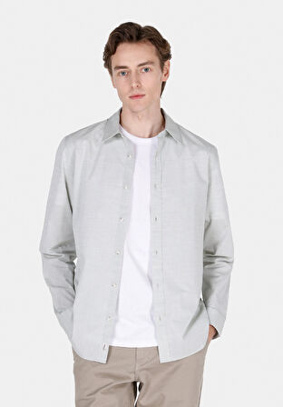 Regular Fit Shirt Neck Düz Erkek Yeşil Uzun Kol Gömlek