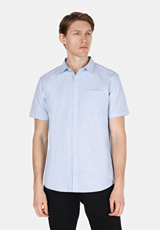 Regular Fit Shirt Neck Düz Erkek Mavi Kısa Kol Gömlek Cl1073847