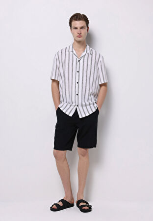 Regular Fit Shirt Neck Çizgili Erkek Beyaz Kısa Kol Gömlek
