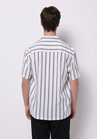 Regular Fit Shirt Neck Çizgili Erkek Beyaz Kısa Kol Gömlek