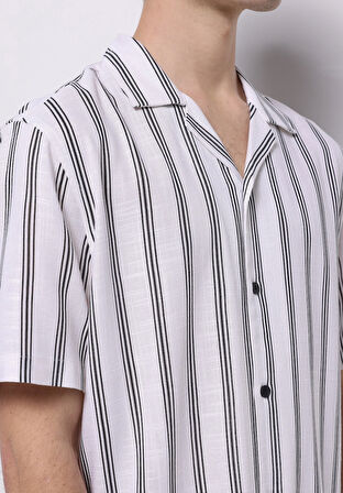Regular Fit Shirt Neck Çizgili Erkek Beyaz Kısa Kol Gömlek