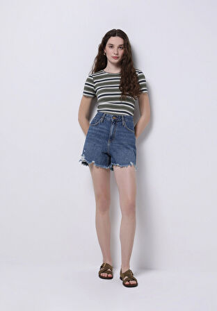 Mom Fit Yüksel Bel Düz Kadın Denim Jean Şort