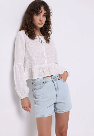 Mom Fit Yüksel Bel Düz Kadın İndigo Jean Şort