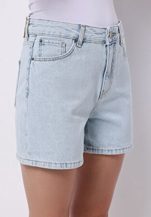 Mom Fit Yüksel Bel Düz Kadın İndigo Jean Şort