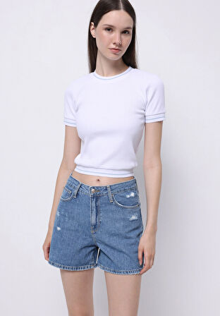 Mom Fit Yüksel Bel Düz Kadın İndigo Jean Şort