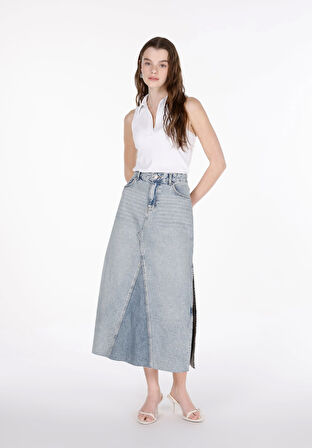 Slim Fit Düz Fermuarlı Kadın Mavi Etek