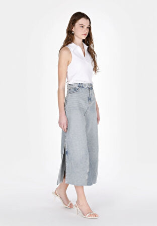 Slim Fit Düz Fermuarlı Kadın Mavi Etek