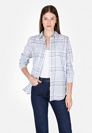Regular Fit Shirt Neck Ekoseli Kadın Mavi Uzun Kol Gömlek Cl1073915