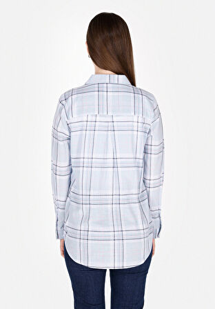 Regular Fit Shirt Neck Ekoseli Kadın Mavi Uzun Kol Gömlek Cl1073915