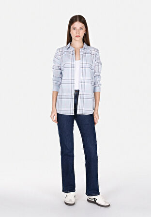 Regular Fit Shirt Neck Ekoseli Kadın Mavi Uzun Kol Gömlek Cl1073915
