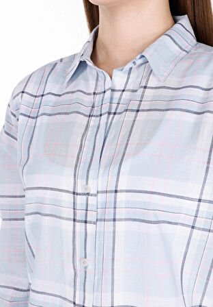 Regular Fit Shirt Neck Ekoseli Kadın Mavi Uzun Kol Gömlek Cl1073915