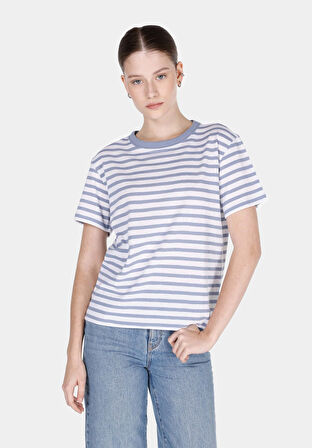 Regular Fit Yuvarlak Yaka Çizgili Kadın Mavi Kısa Kol Tişört Cl1073916