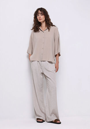 Relaxed Fit Shirt Neck Düz Kadın Bej ¾ Kol Gömlek