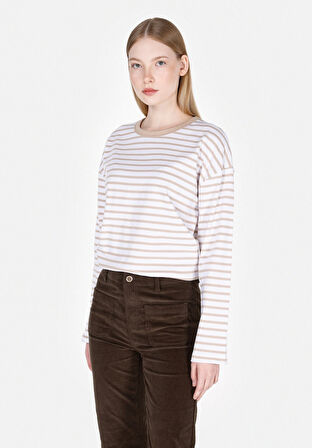 Regular Fit Yuvarlak Yaka Çizgili Kadın Bej Uzun Kol Tişört Cl1073949
