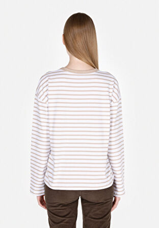 Regular Fit Yuvarlak Yaka Çizgili Kadın Bej Uzun Kol Tişört Cl1073949