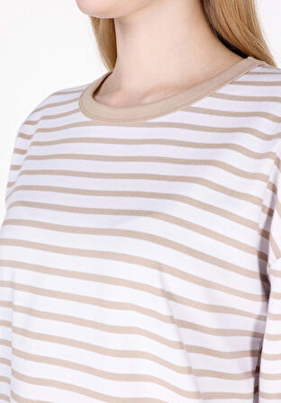 Regular Fit Yuvarlak Yaka Çizgili Kadın Bej Uzun Kol Tişört Cl1073949