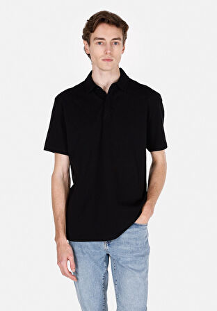 Comfort Fit Polo Yaka Düz Erkek Siyah Kısa Kol Tişört Cl1073959