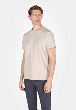 Regular Fit Yuvarlak Yaka Düz Erkek Bej Kısa Kol Tişört Cl1073963