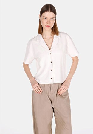 Regular Fit Polo Yaka Jakarlı Kadın Beyaz Kısa Kol Tişört Cl1073977