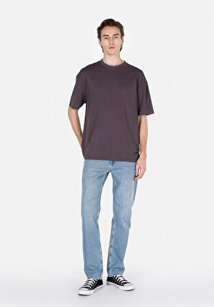 Oversize Fit Yuvarlak Yaka Düz Erkek Antrasit Kısa Kol Tişört Cl1073990