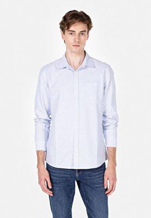 Slim Fit Shirt Neck Çizgili Erkek Mavi Uzun Kol Gömlek Cl1074004