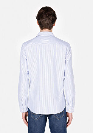 Slim Fit Shirt Neck Çizgili Erkek Mavi Uzun Kol Gömlek Cl1074004