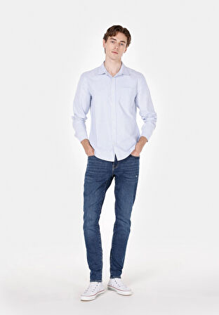 Slim Fit Shirt Neck Çizgili Erkek Mavi Uzun Kol Gömlek Cl1074004