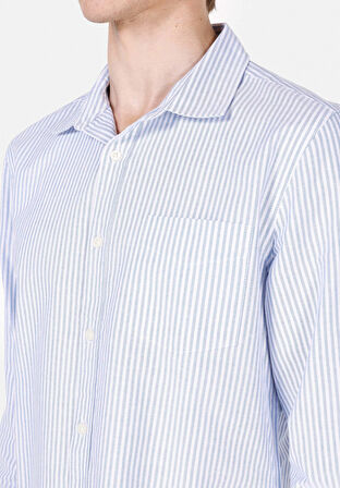 Slim Fit Shirt Neck Çizgili Erkek Mavi Uzun Kol Gömlek Cl1074004