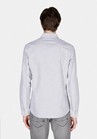 Slim Fit Shirt Neck Çizgili Erkek Gri Uzun Kol Gömlek