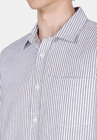 Slim Fit Shirt Neck Çizgili Erkek Gri Uzun Kol Gömlek