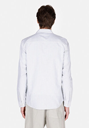 Slim Fit Shirt Neck Çizgili Erkek Turkuaz Uzun Kol Gömlek