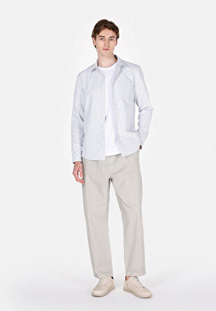 Slim Fit Shirt Neck Çizgili Erkek Turkuaz Uzun Kol Gömlek