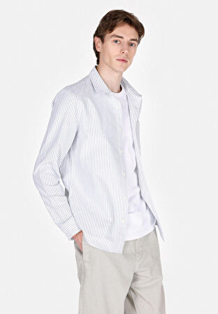 Slim Fit Shirt Neck Çizgili Erkek Turkuaz Uzun Kol Gömlek
