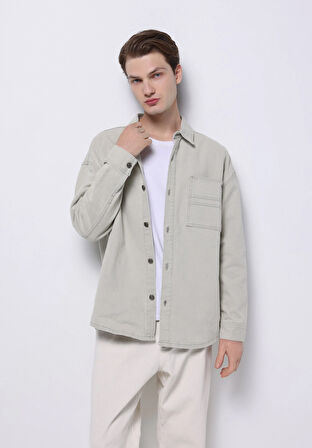 Oversize Fit Klasik Yaka Düz Erkek Bej Uzun Kol Gömlek