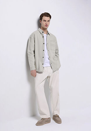 Oversize Fit Klasik Yaka Düz Erkek Bej Uzun Kol Gömlek
