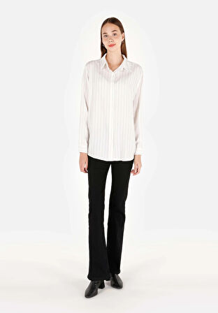 Regular Fit Shirt Neck Çizgili Kadın Beyaz Uzun Kol Gömlek